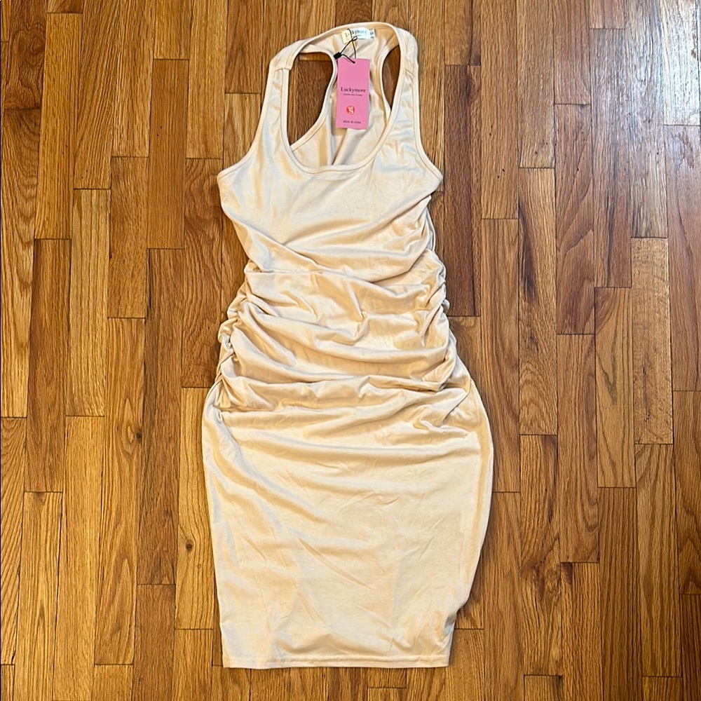 NWT-Cream Bodycon Midi Dress with Ruched Tie Front